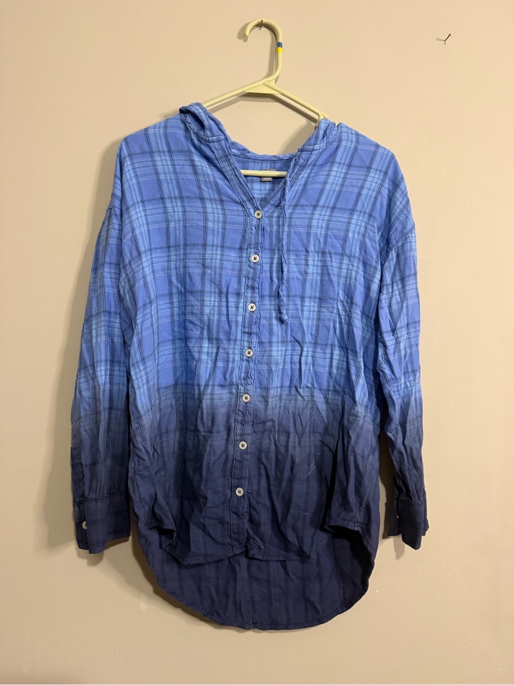 Aerie Blue Ombre Plaid Hooded Button-Up Shirt